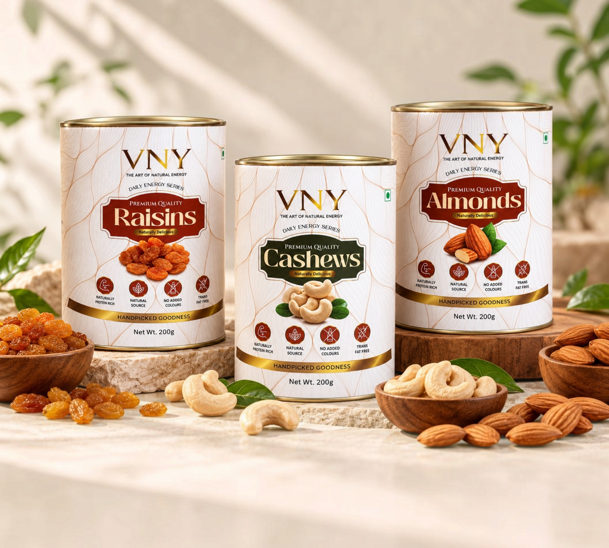 VNY Signature Collection featuring canisters of premium cashews, almonds, and raisins on a rustic wooden surface.